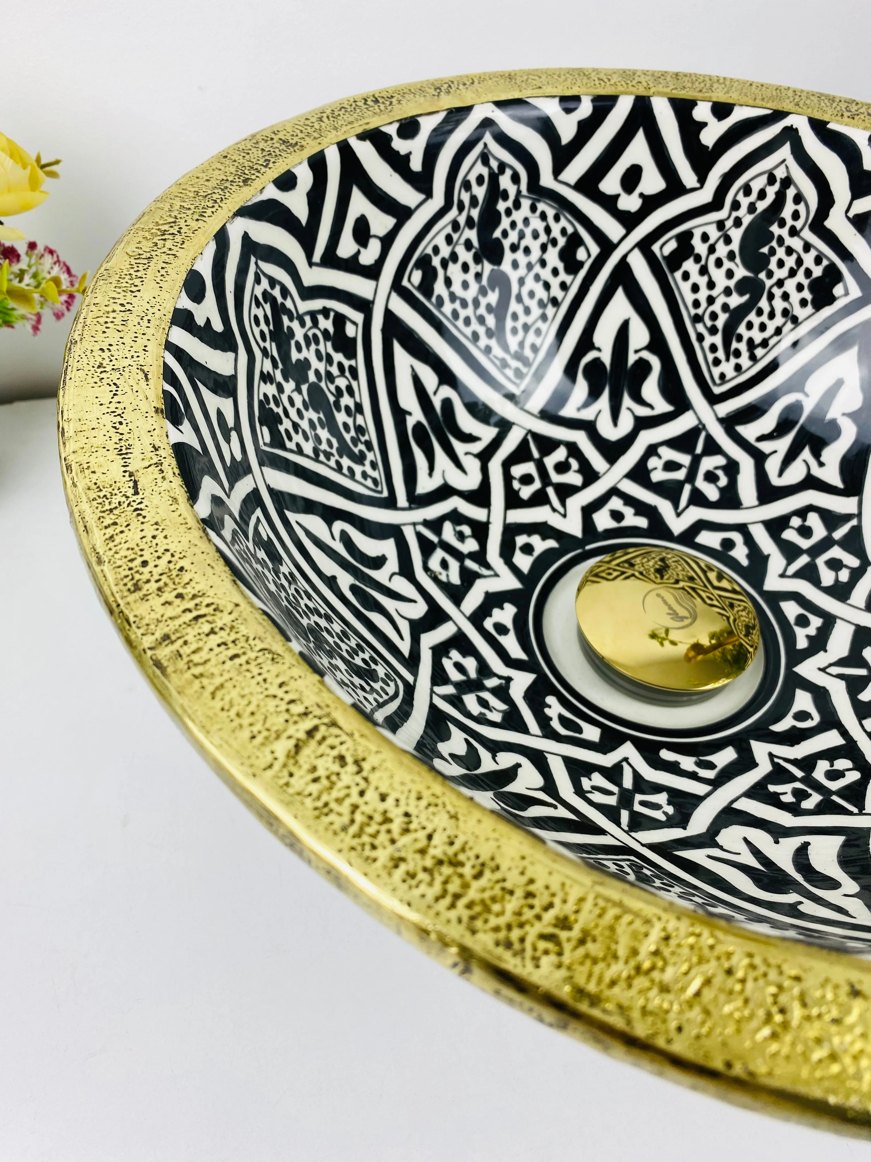 Brass Rimmed ceramic sink - bathroom Basin with Mid-Century Modern flair - Farmhouse Basin sink - luxury bathroom washbasin black and gold - Image 4