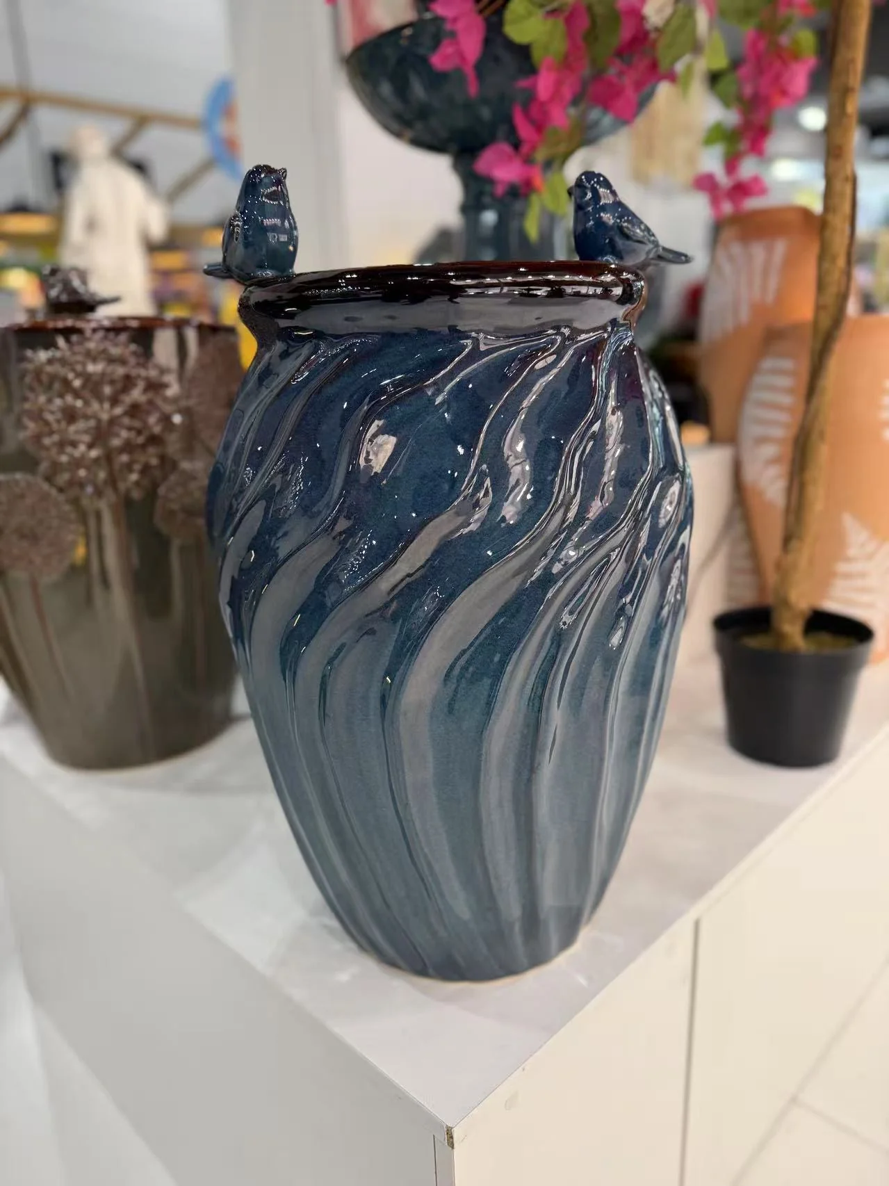 Isleta Glazed Ceramic Urn Shaped Blue Fountain with Birds - Image 3