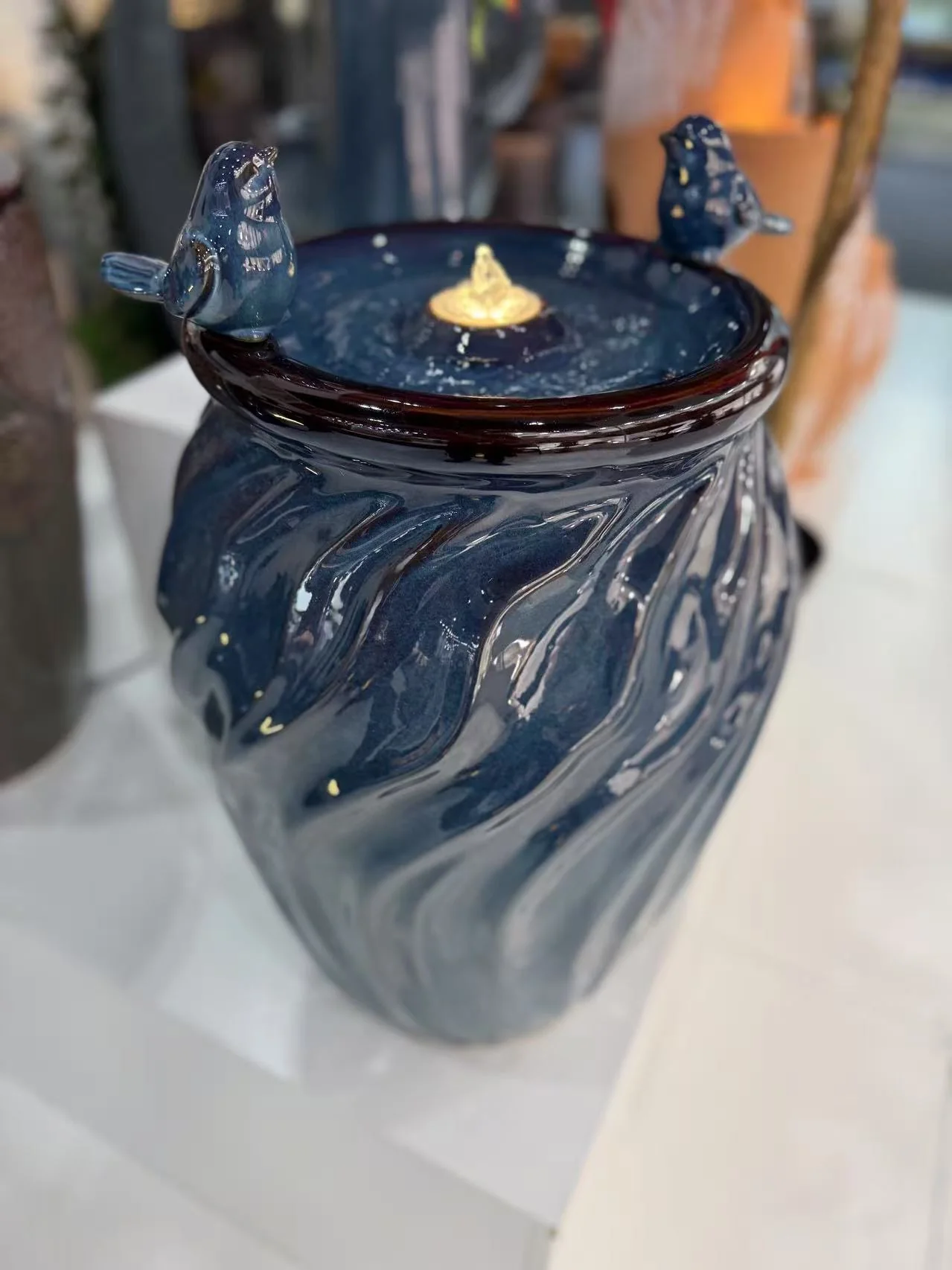 Isleta Glazed Ceramic Urn Shaped Blue Fountain with Birds - Image 4