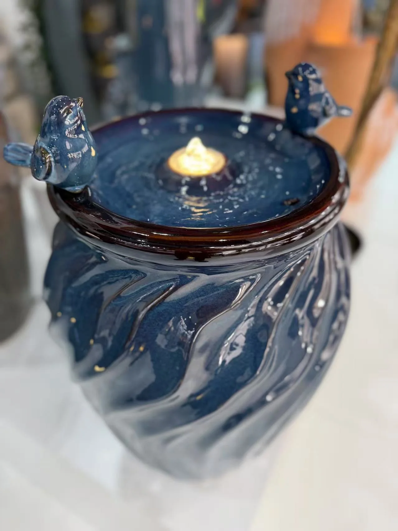 Isleta Glazed Ceramic Urn Shaped Blue Fountain with Birds - Image 5