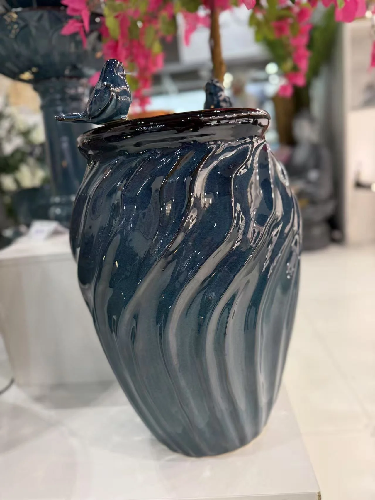 Isleta Glazed Ceramic Urn Shaped Blue Fountain with Birds - Image 6