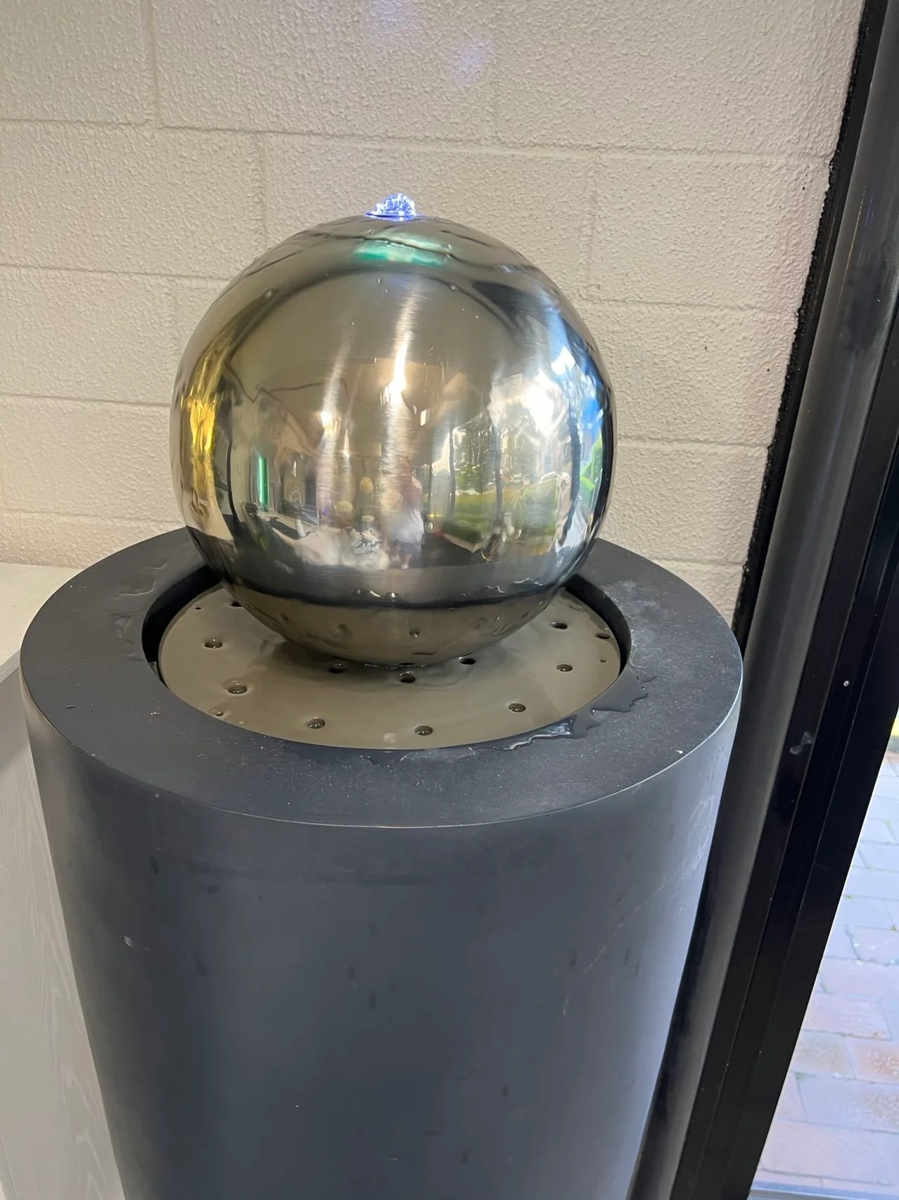 Entrada Tall Outdoor Fountain with Stainless Steel Ball Top & Lights - Image 3