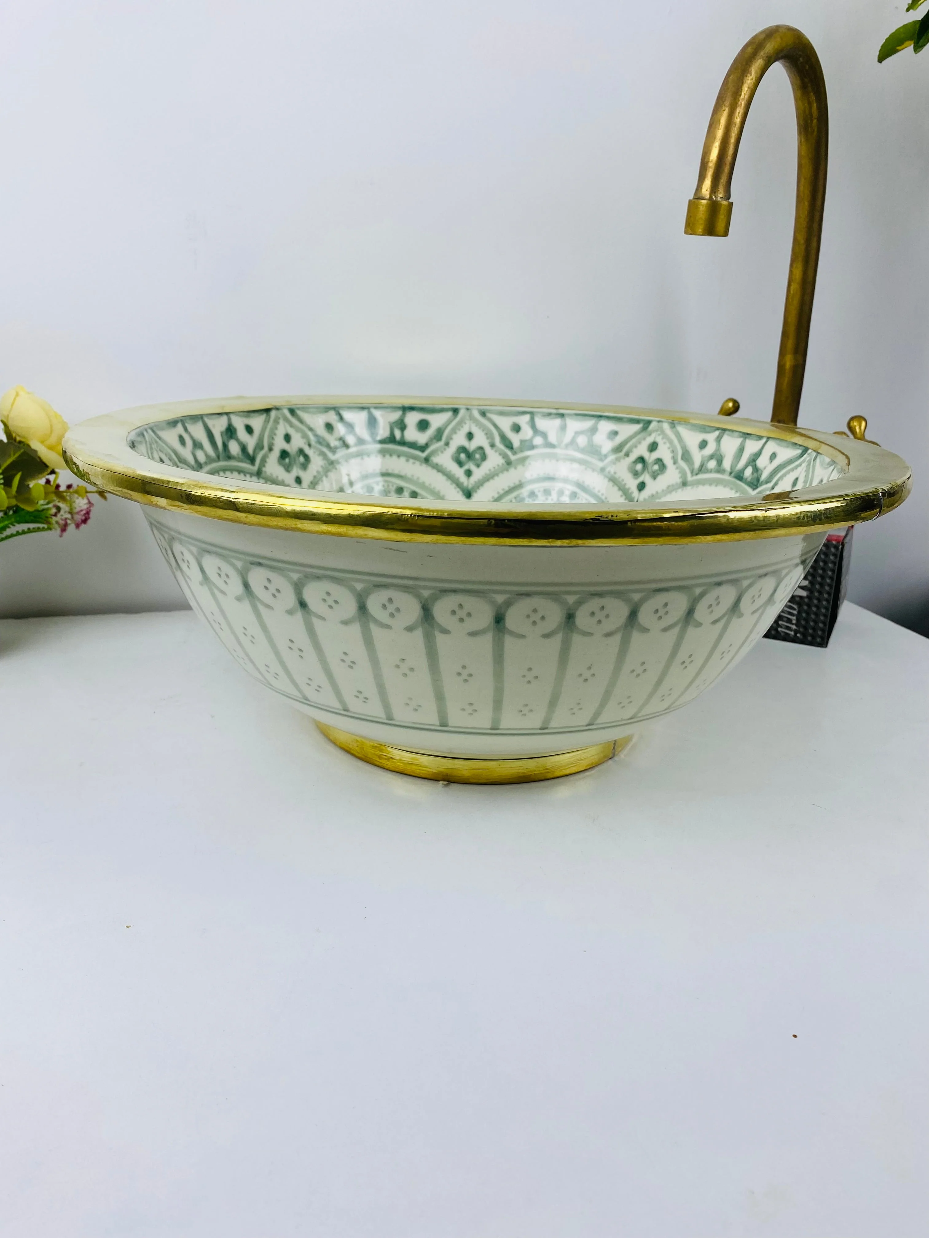 Green bathroom basin Brushed Solid Brass Rimmed sink  - Basin with Mid-Century Modern flair batheroom - london  Farmhouse Basin - Image 4