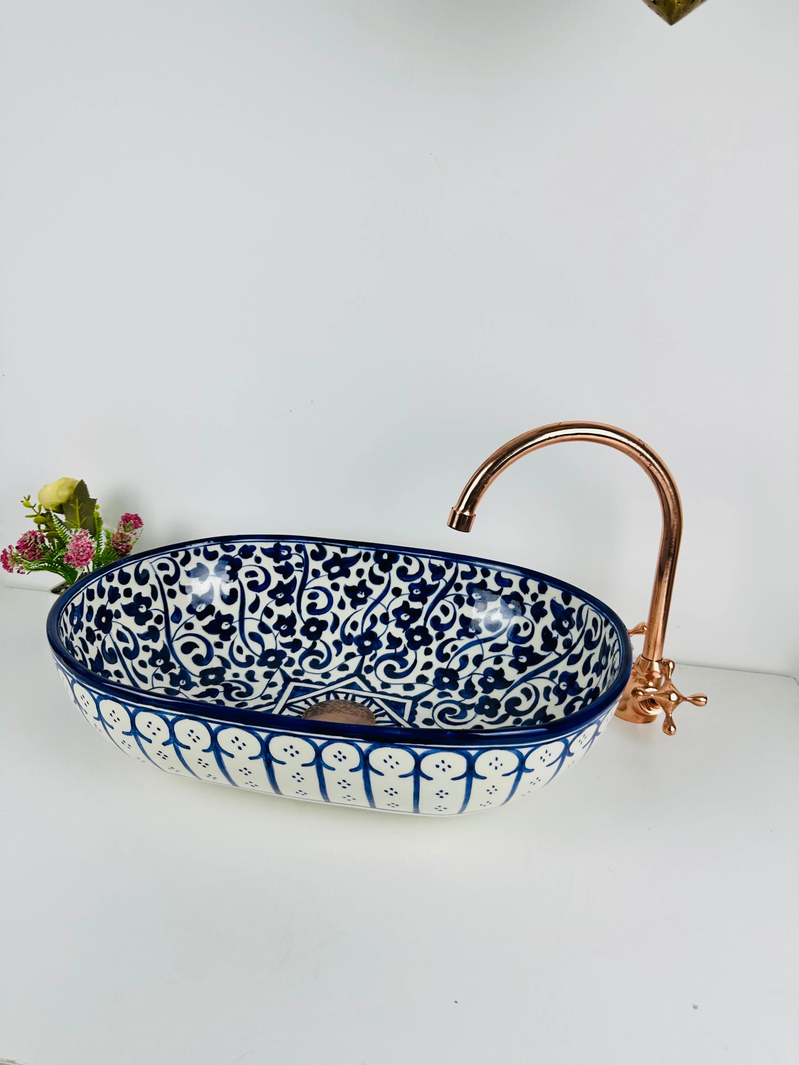 Mid century modern oval blue sink flower - farmehouse bathroom vessel washbasin ovel - Image 4