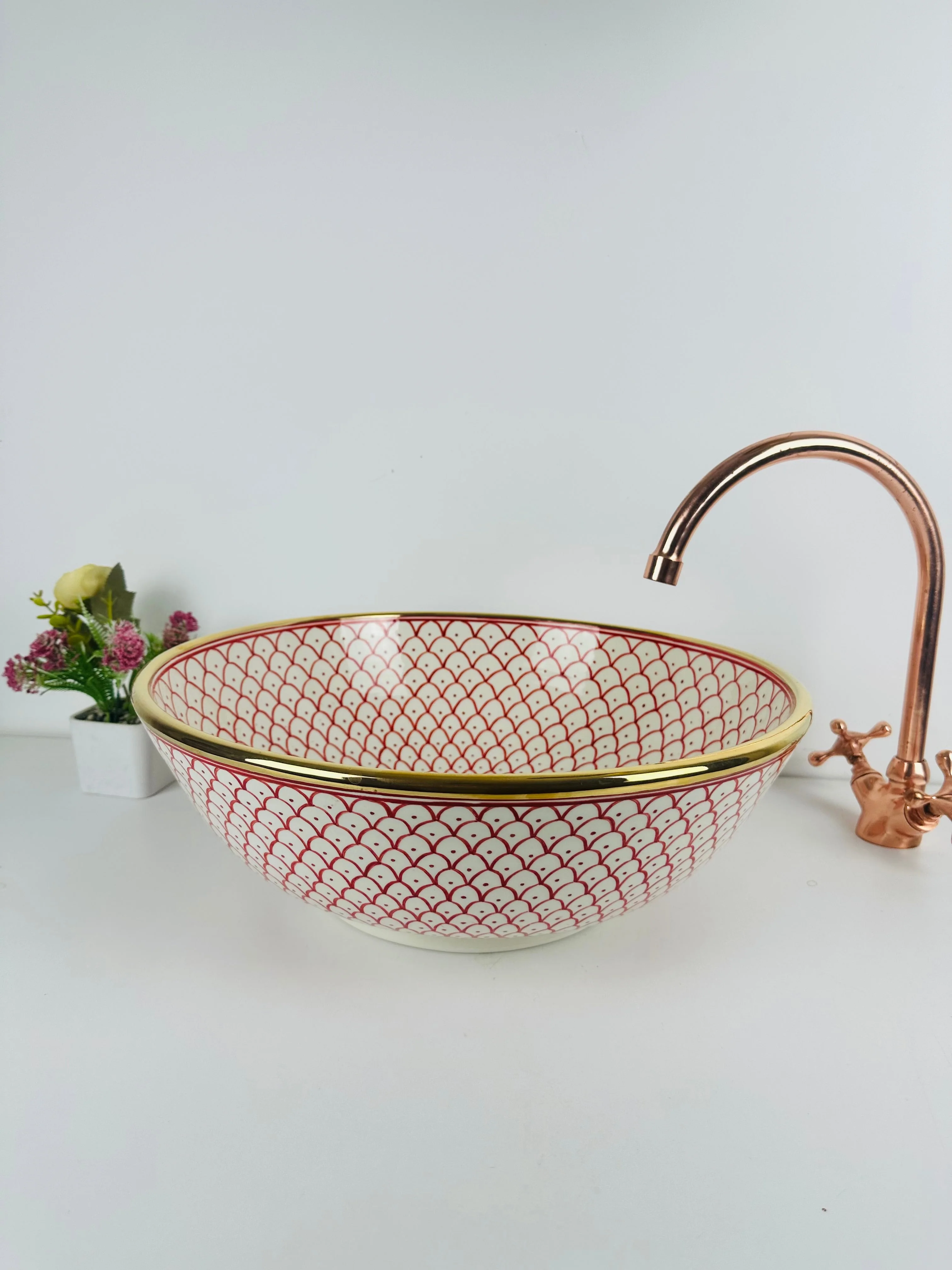 Pink 14 Karat Gold rimmed ceramic sink - handcrafted bathroom vessel - rose lavatory modern bowl washbasin - Image 4