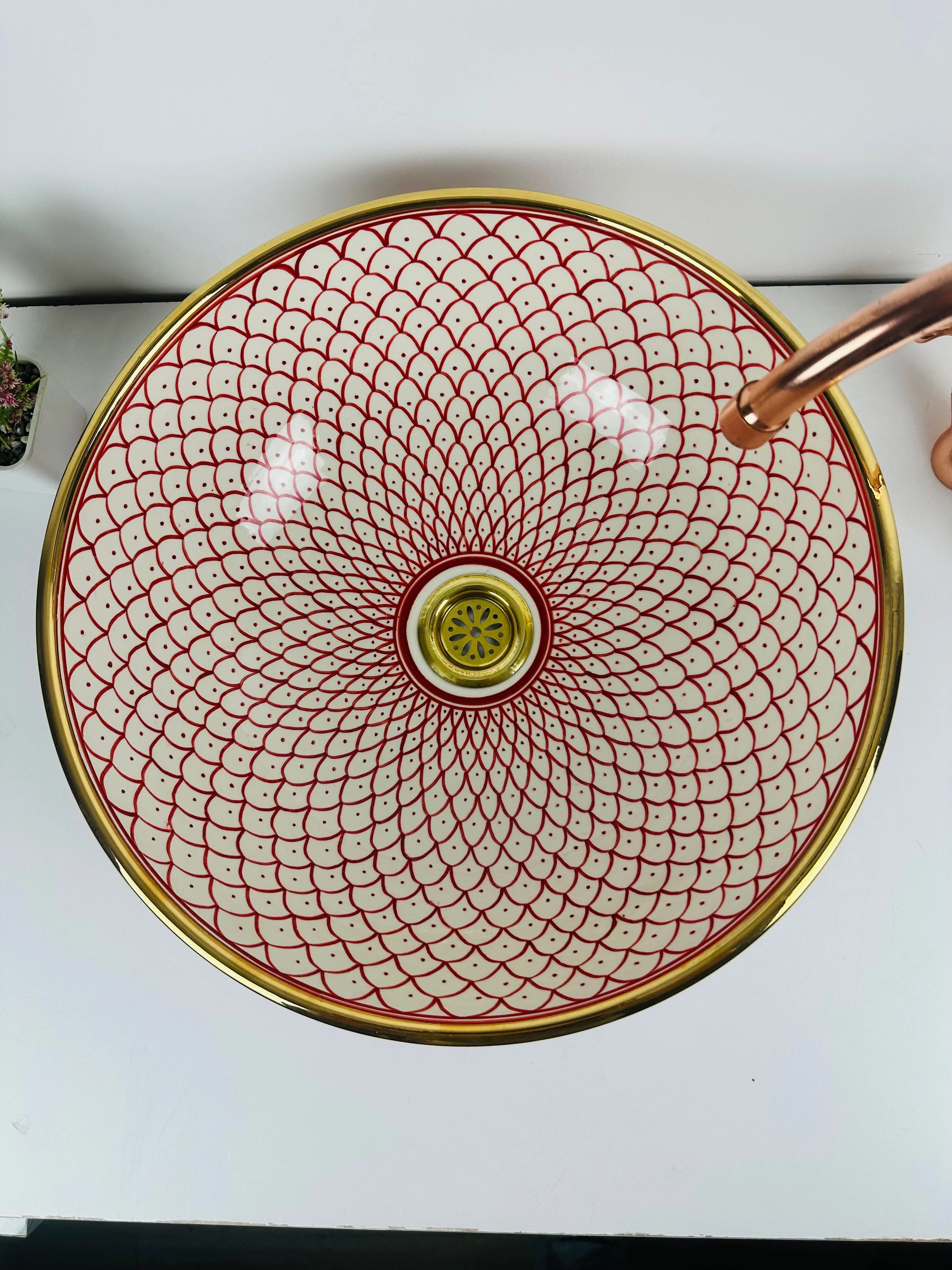 Pink 14 Karat Gold rimmed ceramic sink - handcrafted bathroom vessel - rose lavatory modern bowl washbasin - Image 5