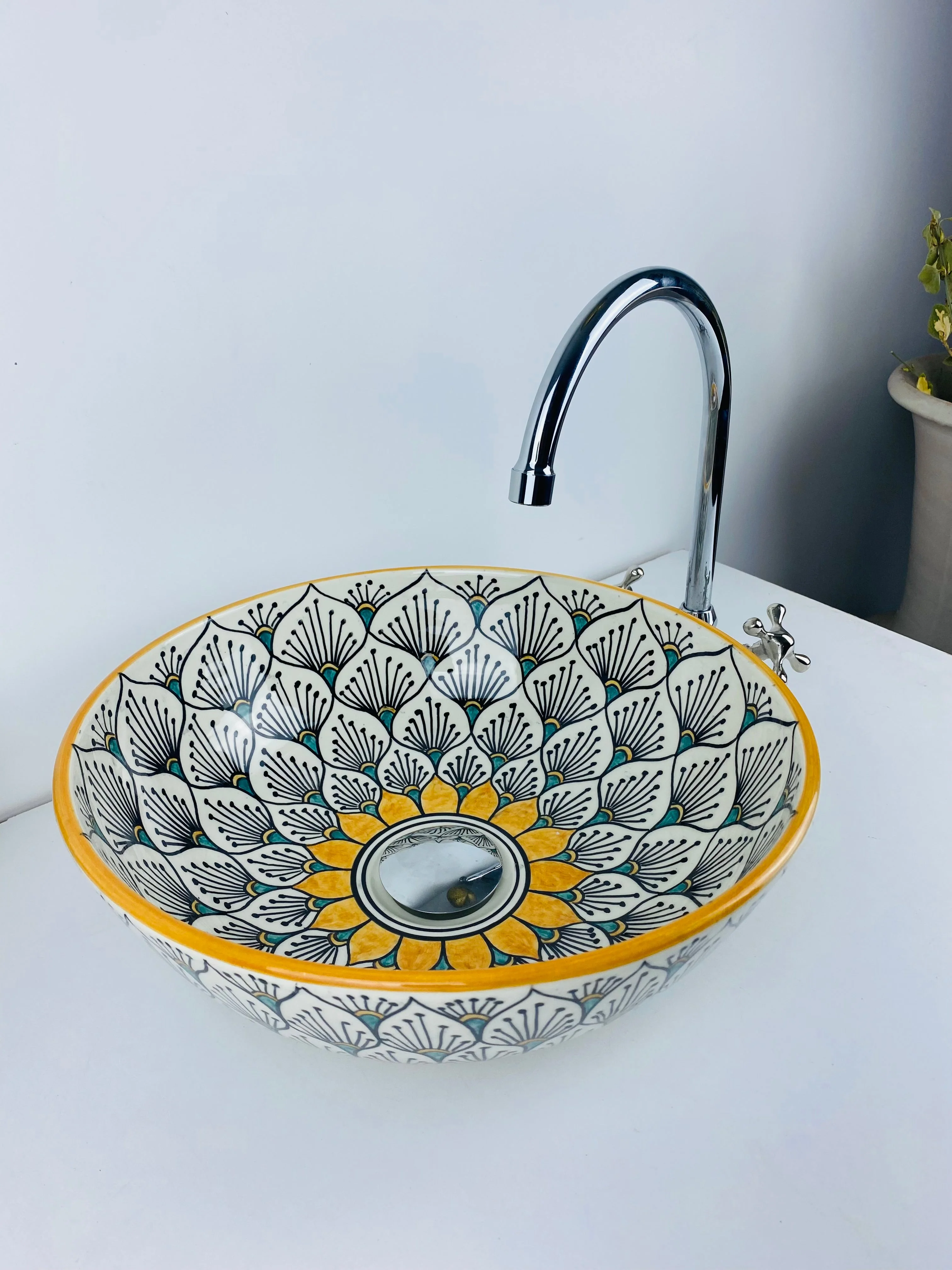 Sun flower bathroom vessel sink made from ceramic 100% handmade hand painted for bathroom - sink decor built with mid century modern Flair - Image 3