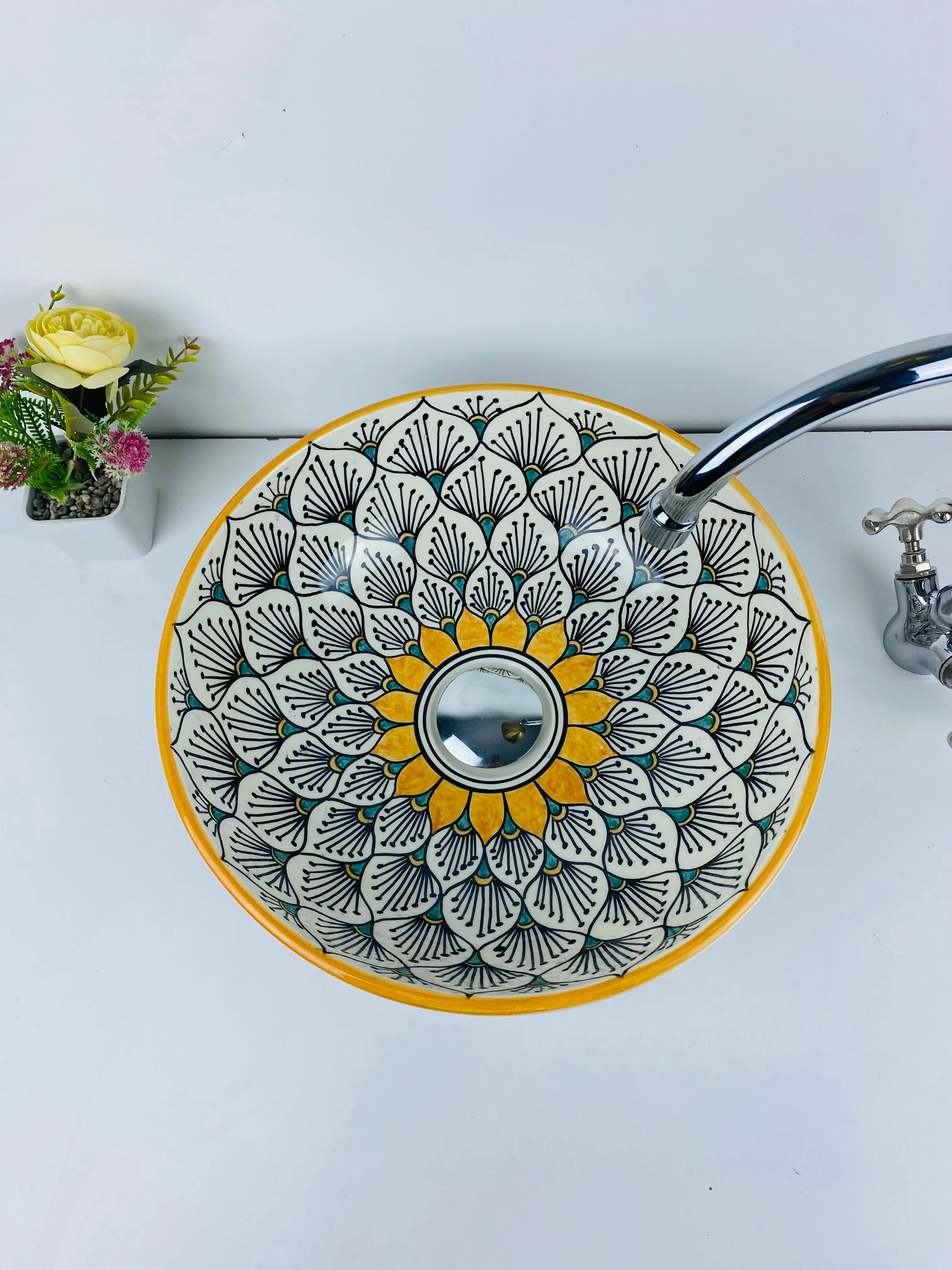 Sun flower bathroom vessel sink made from ceramic 100% handmade hand painted for bathroom - sink decor built with mid century modern Flair - Image 4