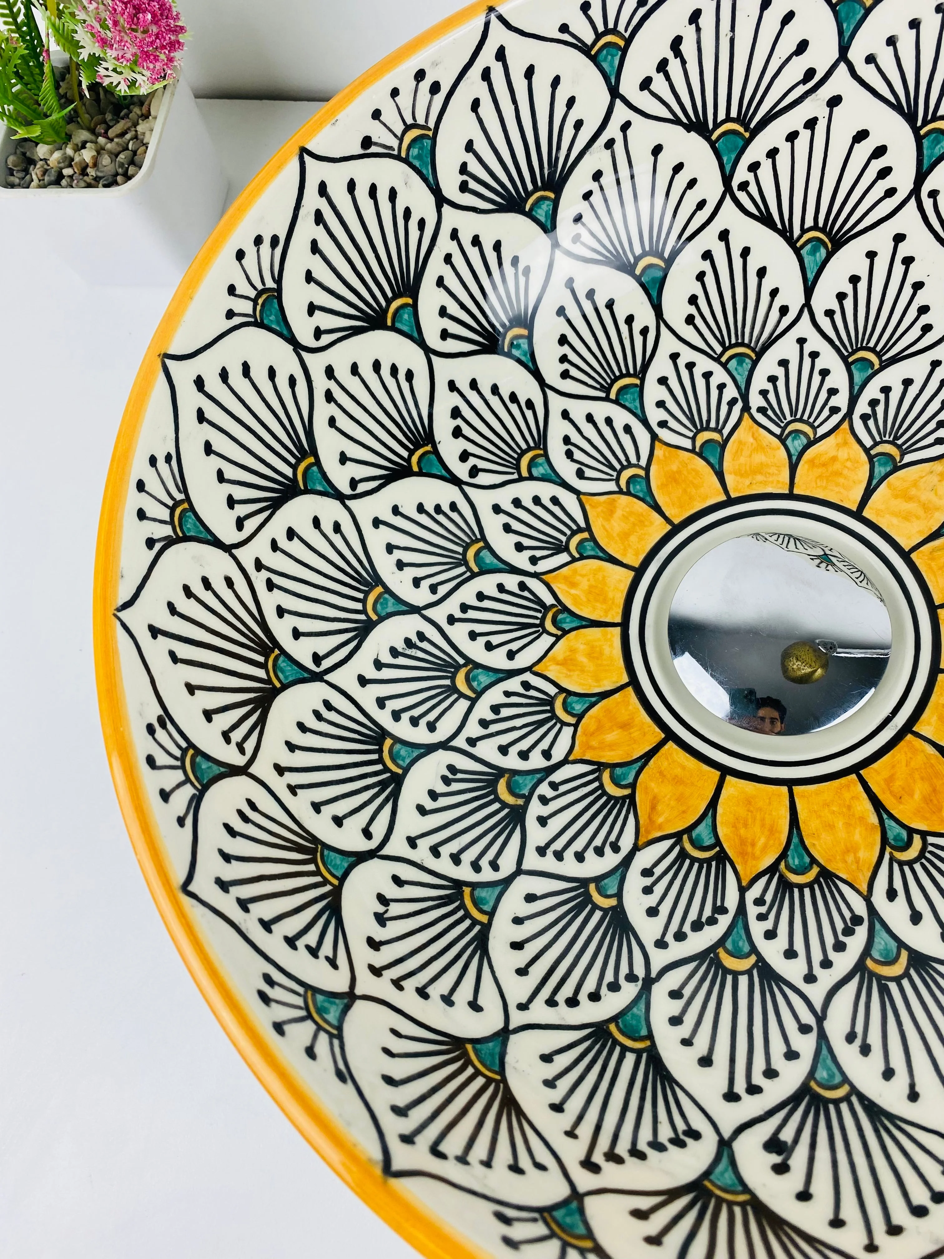 Sun flower bathroom vessel sink made from ceramic 100% handmade hand painted for bathroom - sink decor built with mid century modern Flair - Image 5