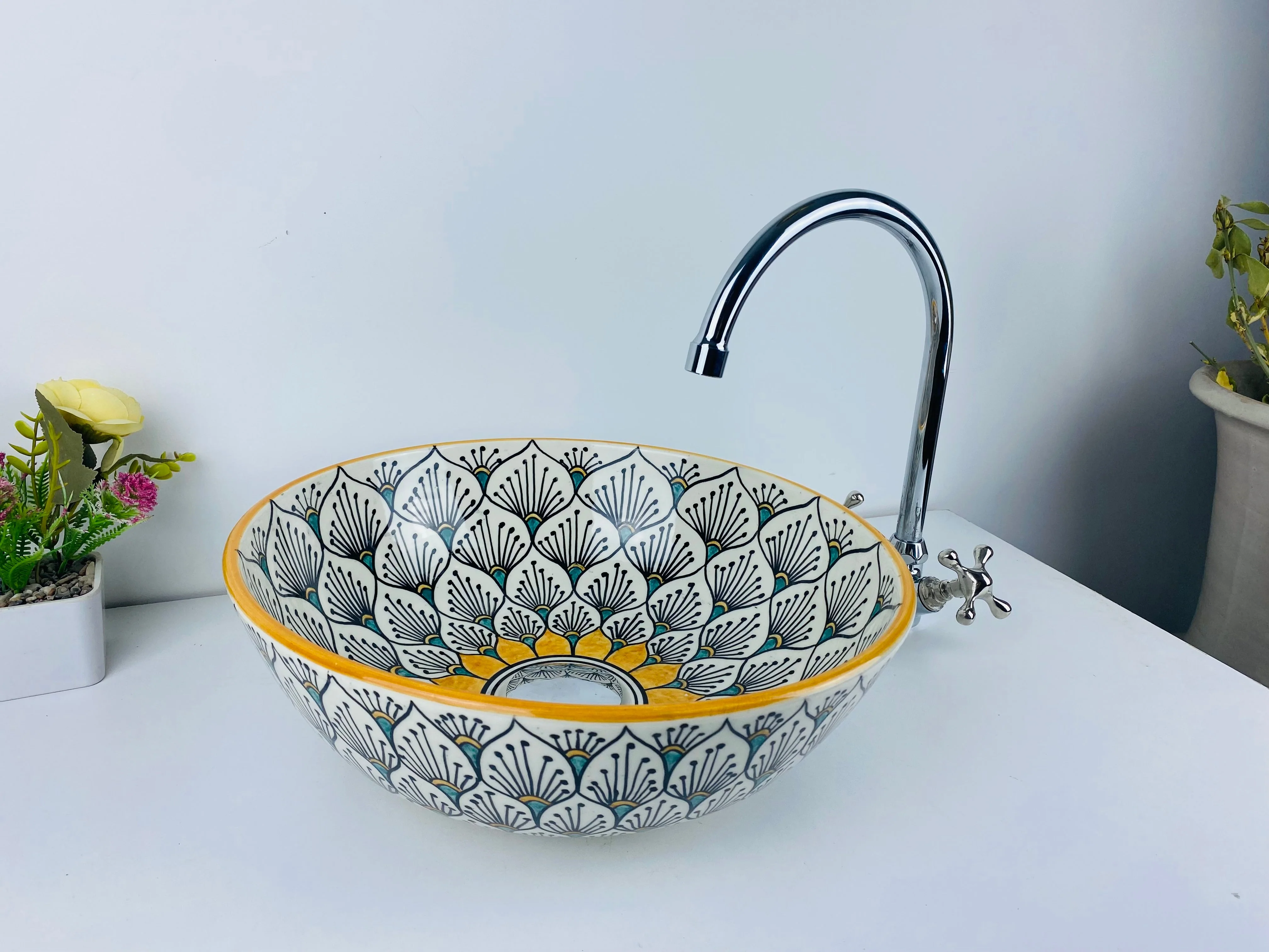 Sun flower bathroom vessel sink made from ceramic 100% handmade hand painted for bathroom - sink decor built with mid century modern Flair - Image 6